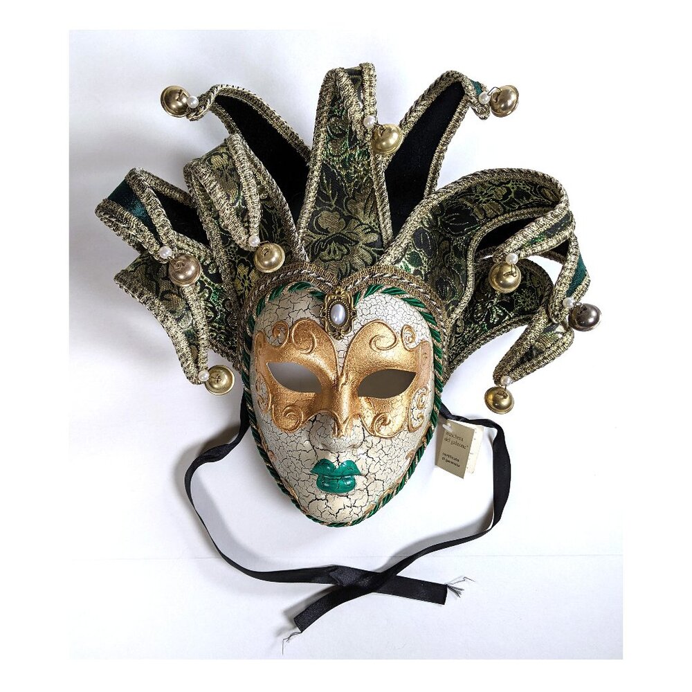 Vintage Authentic Venetian Mask Full Face Mardi Gras Carnival Jester with Tag